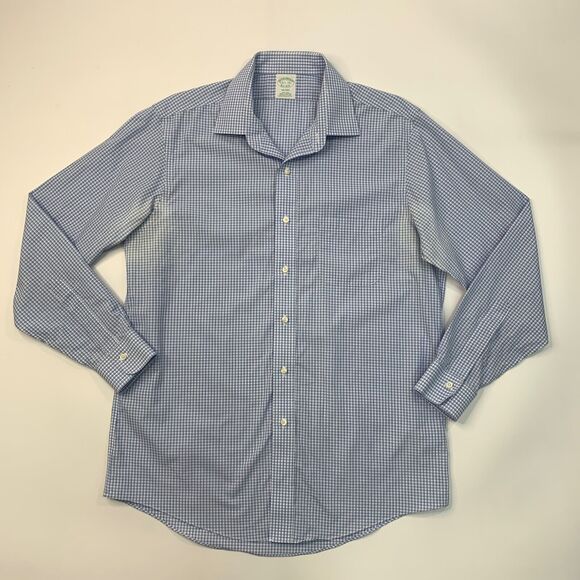 Brooks Brothers Shirt Mens 16.5 Blue White Plaid Milano Non Iron Cotton *READ - Picture 2 of 11